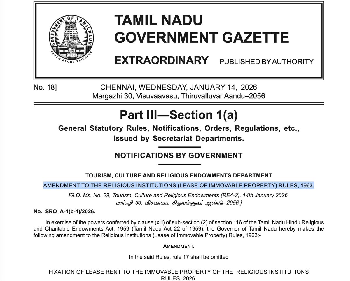 trramesh's tweet photo. In the last few  months of DMK rule before the Assembly elections, four amendments were carried out  by the Government in the TN HR&CE Act, 1959 and in certain  Rules under the Act. 
1.  Amendments in Section 35 to facilitate unbridled looting of temple funds  (L.A. Bill 40 of 2025) 
2.  Amendments to  Alienation of Immovable  Properties of Religious Institutions Rules  to facilitate  chronic encroachers of temple lands (G.O. 478 dtd. 01.12.2025)
3. Amendment to  Investments  of Temple Funds Rules (G.O. 83 dtd. 17.02.2026) 
4.  Amendment to Fixation of Lease rents to properties of Hindu Religious Institutions (G.O. 29 dtd. 14.01.2026)
   
   The common thread in all the above four amendments made by DMK Govt  is "facilitation of Temple Looting"  

1.  Amendment to Section 35 - Since it is an amendment to the Act - not yet valid since it has not been approved by Hon'ble Governor of Tamil Nadu. 
 2.   Amendment to Alienation of Temple Properties Rules - Atrocious Anti -Temple move by Anti-Hindu DMK Govt -  I will be challenging this  soon. 
3.  Investment Rules - I challenged it in May 2026 - the new Government was gracious to accord sovereign guarantee to Temple Deposits made in TN Power Finance - an NBFC owned by TN Govt.  This case will come up again in 4 weeks. 

4. Amendment to Fixation of Lease Rent Rules - 
    a set of botched up Rules conceived in a hurry by misfits under directions of DMK Govt -  too many contradictions and violations. 
   My challenge to this set of absurd Rules came up as a PIL today before Madras High Court. 

  Hon'ble 1st Bench of the Madras High Court was pleased to issue notice to Government and @tnhrcedept  today. 

   My gratitude to Sr. Counsel Shri Sankaranarayanan Sir and advocate Shri B. Jagannath. 

    I request Hon'ble Chief Minister  @CMOTamilnadu and Hon'ble Minister for @tnhrcedept  Shri @RameshOffcl to review these anti- Hindu and anti-Temple Amendments in the HR&CE Act & Rules  made by DMK Government and withdraw/cancel them to safeguard our temples.