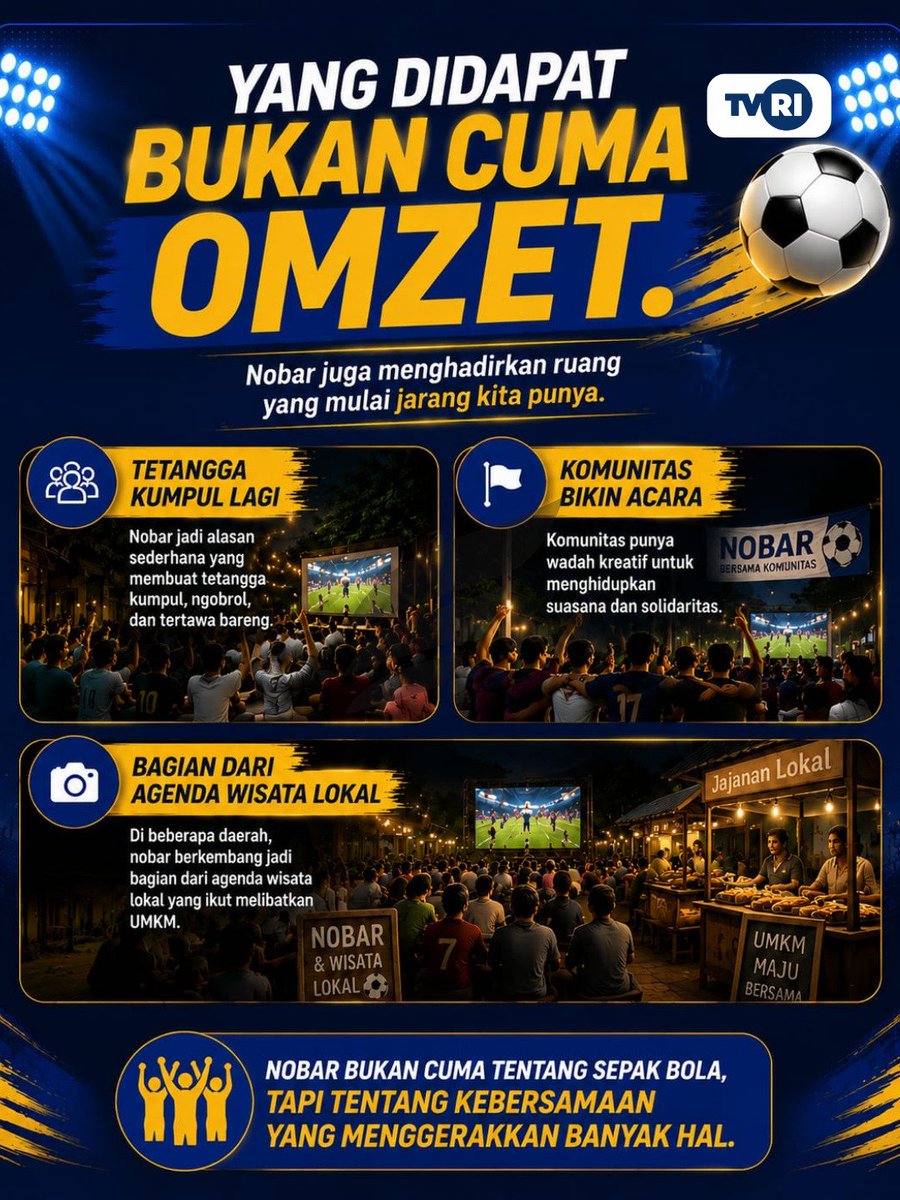 zonaindoupdate's tweet photo. Nobar bikin warung kopi ramai, pedagang makanan laris, hingga jasa sewa layar kebanjiran order. Ternyata sepak bola bukan cuma menyatukan orang, tapi juga menggerakkan ekonomi rakyat. 🇮🇩 https://t.co/N5dCY7vvFG