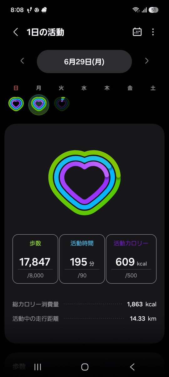 Nally5658's tweet photo. 令和8年6月29日(月)
昨日の1日の記録…残業でジムに行けず…走る時間も無く…まぁそんな日もありますよね～💦笑　とにかく蒸し暑い1日でした☀️😵💦　#ウォーキング　#歩く男　#歩くおっさん　#有酸素運動 https://t.co/DFW5DsYfWA