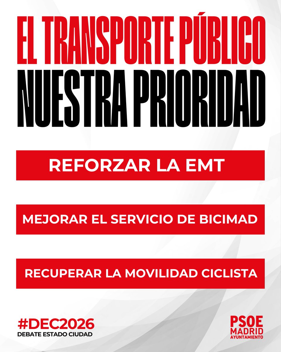 PSOEMadridAyto's tweet photo. El transporte público debe volver a ser la prioridad.

#DEC2026 https://t.co/IsyC7k5MTt