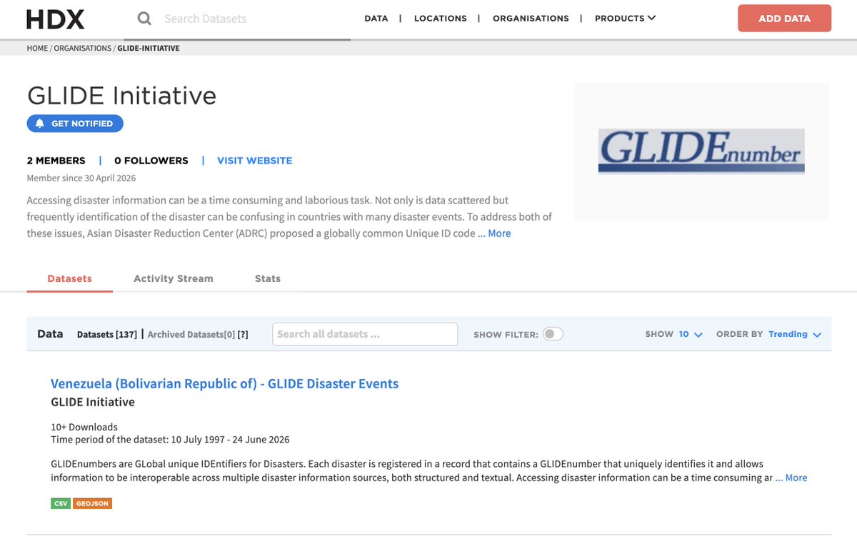 humdata's tweet photo. ⭐ Welcome to HDX, GLIDE Initiative!

GLIDE assigns global unique identifiers to disaster events, standardizing identification across countries. It was developed in 2004 by the Asian Disaster Reduction Center with OCHA, UNDRR and others.

Explore: https://t.co/vbCbaXuBjC https://t.co/M3AfVS89nN