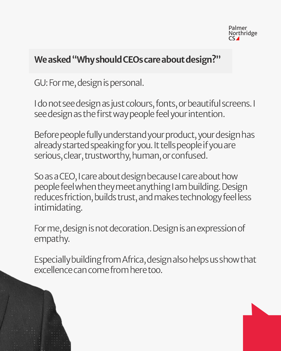 PNCS_design's tweet photo. 01. In conversation with startup founder and entrepreneur @Magnifiglory  
The question: Why should CEOs care about design?
Check out his brilliant response in slide two, and please share your thoughts! https://t.co/mBOk0lL0JN