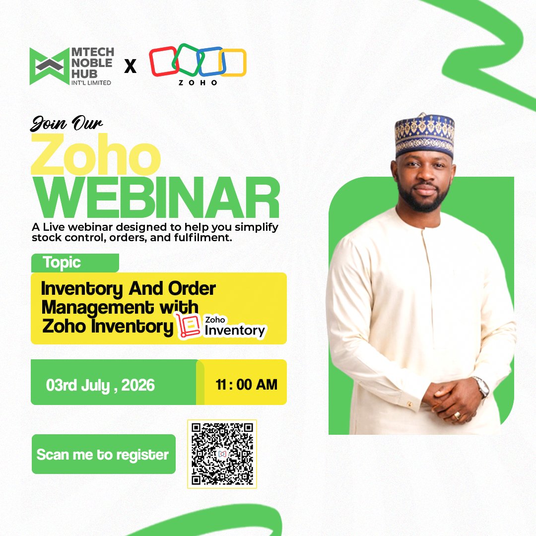 MtechNoble's tweet photo. Struggling with inventory chaos? Join our free Zoho Webinar and learn smarter ways to manage stock, orders, and fulfillment with Zoho Inventory. 📅 03 July 2026 | 🕚 11:00 AM. Scan the QR code to register! #ZohoInventory #SME #MTechNoble https://t.co/tD9Wo1x32K