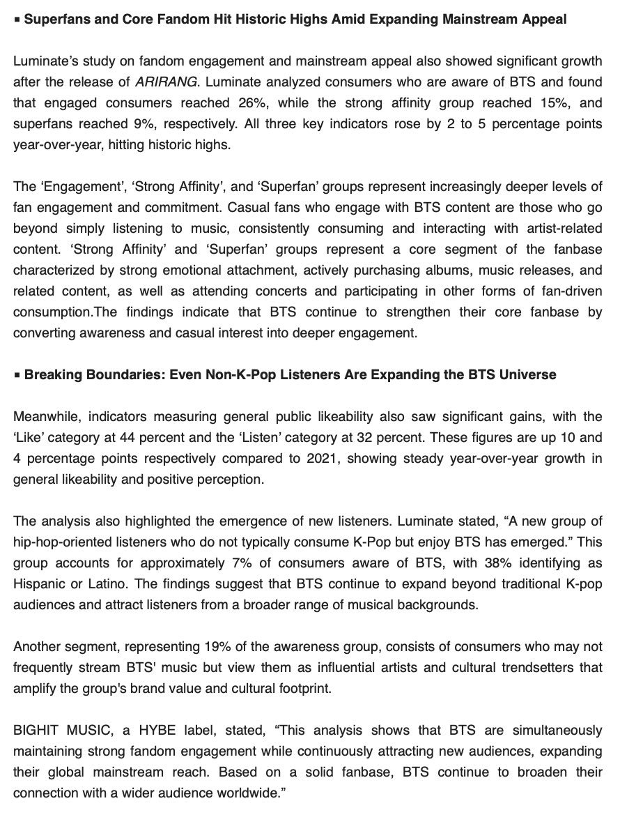 Daegubird12's tweet photo. This Luminate data confirmed our "speculations" because this is exactly what we have been saying. The numbers ARIRANG pulled &amp; their engagement since this era began is far more than anything bts has ever had in the past  ARIRANG is truly their greatest,most acclamed work yet. https://t.co/3rUy2HZvQu