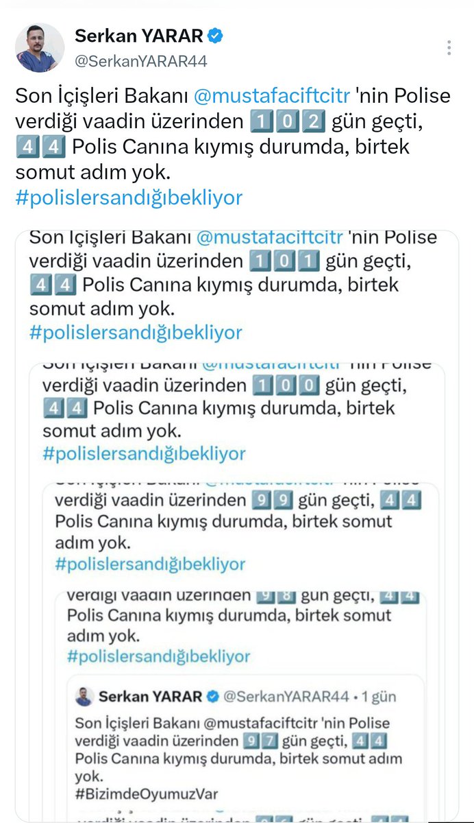 SerkanYARAR44's tweet photo. Son İçişleri Bakanı @mustafaciftcitr 'nin Polise verdiği vaadin üzerinden 1️⃣0️⃣3️⃣ gün geçti, 4️⃣4️⃣ Polis Canına kıymış durumda, birtek somut adım yok.
#PoliseNeYaptınız https://t.co/zcyB0tWigW