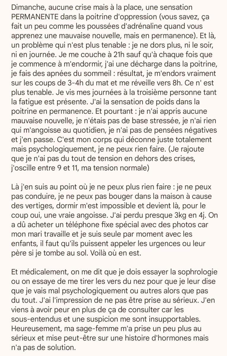 JulieBNeige's tweet photo. Bon je reviens ici en désespoir de cause parce que le corps médical de par chez moi n'est pas capable de m'apporter de réponses autres que me mettre sous antidépresseurs en me demandant d'arrêter l'allaitement (même ma sage femme trouve ça idiot) alors que je ne suis pas dépressive ou en soupçonnant des choses sur mon quotidien qui ne sont pas vraies (surmenage, dépression p partum ou autres). Je m'explique, ça va être un peu long, c'est pour faire le tableau complet mais par pitié, partagez à des gens qui pourraient potentiellement m'aider ou ont traversé la même chose parce que là je commence VRAIMENT à aller mal et je ne sais pas comment régler ça rapidement. Je vous poste en photo le pavé ça sera plus simple.

SVP : trolls et autres commentaires du genre, essayez de vous retenir de commenter. Je suis très fatiguée, même lire m'est difficile, ne polluez pas cette demande d'aide, merci 🙏🏻
