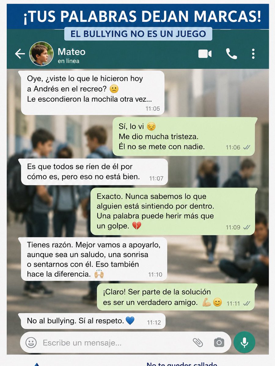 FUNCOESP's tweet photo. No al bullying. Sí al respeto. 💙
Una palabra puede herir más que un golpe, pero un gesto de empatía puede cambiar la historia de alguien.

No te quedes callado: acompaña, escucha y actúa.
FUNCOESP
#HablemosEnBuenTrato #NoAlBullying #ConvivenciaEscolar https://t.co/oFv9WfZ8eI