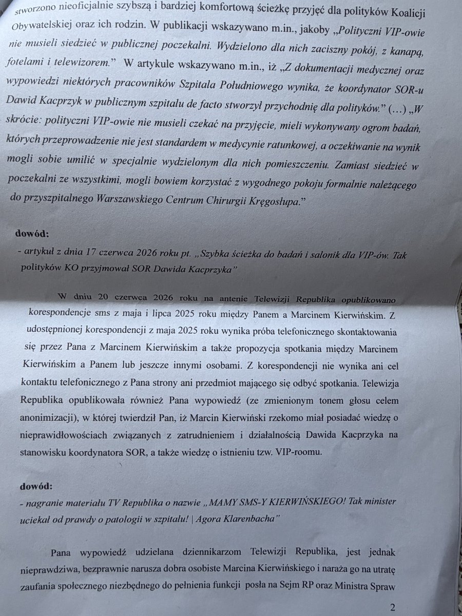 PNisztor's tweet photo. Prawnik M. Kierwinskiego żąda 10 tys. zł i usunięcia skutków rzekomego naruszenia dóbr osobistych od lekarza (zgodził się na ujawnienie nazwiska), który ujawnił @RepublikaTV, że informował ministra o patologiach w Szpitalu Południowym. Tak zastrasza się świadków w tej aferze! https://t.co/2ZftFFfAaC