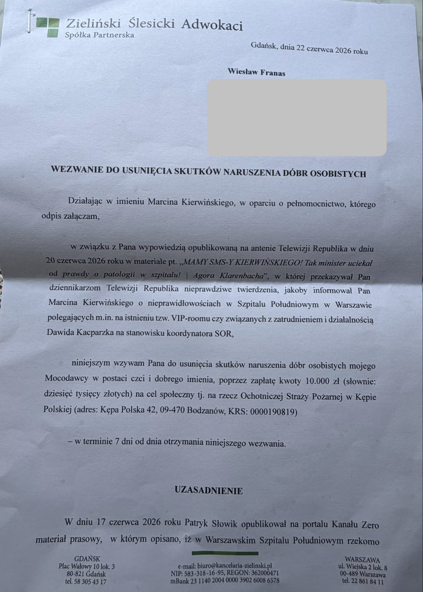 PNisztor's tweet photo. Prawnik M. Kierwinskiego żąda 10 tys. zł i usunięcia skutków rzekomego naruszenia dóbr osobistych od lekarza (zgodził się na ujawnienie nazwiska), który ujawnił @RepublikaTV, że informował ministra o patologiach w Szpitalu Południowym. Tak zastrasza się świadków w tej aferze! https://t.co/2ZftFFfAaC