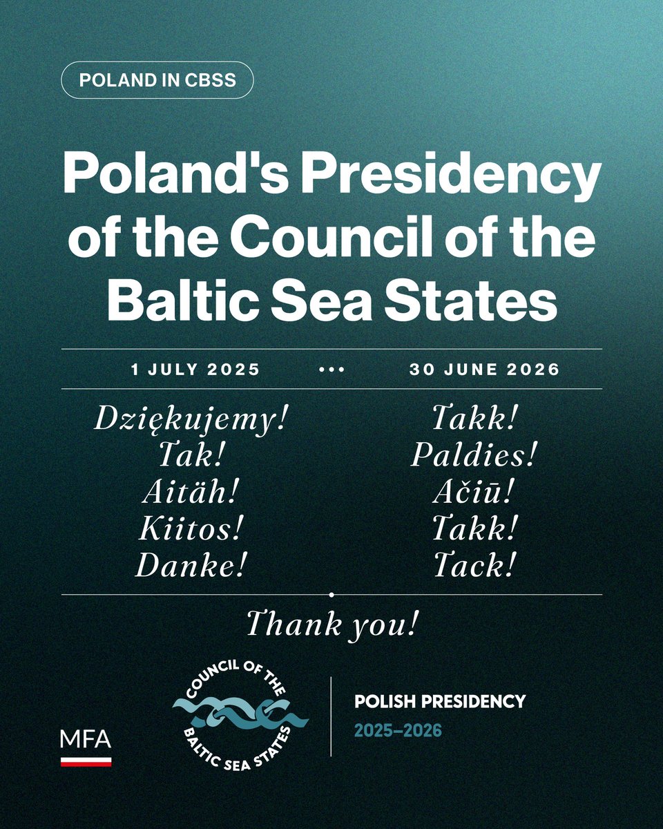 PolandMFA's tweet photo. A Year of Working Together for the Security of Our Region - Thank You! 🇵🇱🌊

Today, Poland concludes its Presidency of the Council of the Baltic Sea States. 
We would like to thank all our partners for their cooperation and joint efforts throughout the past year. 

We also wish Iceland every success as it assumes the Presidency on 1 July.

We look forward to meeting again through future joint initiatives within the 🇵🇱-🇮🇸-🇸🇪 Trio. 🤝