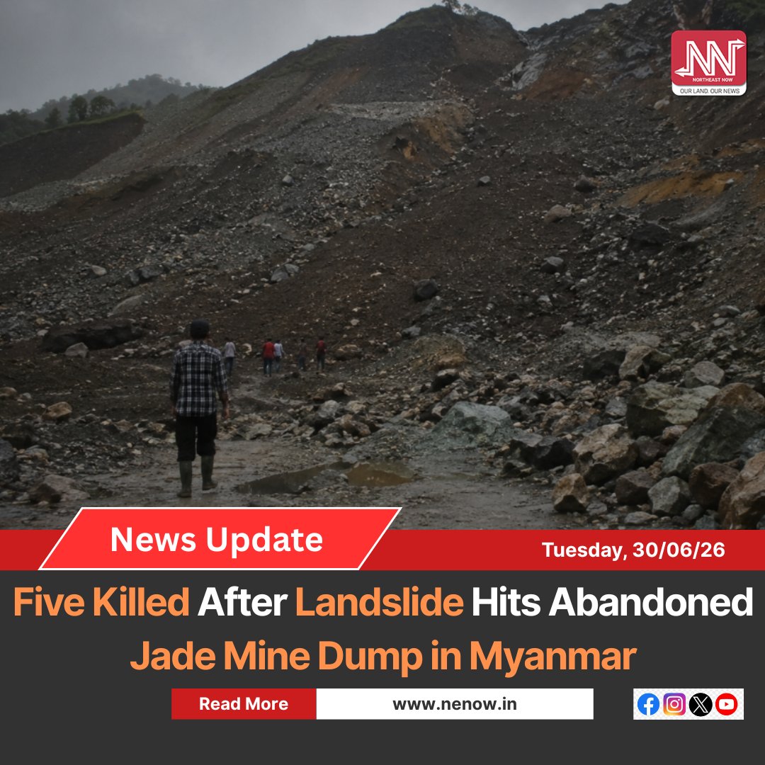 NENowNews's tweet photo. At least five people were killed after a landslide struck an abandoned jade mine dump in Hpakant township in Myanmar's Kachin State during the monsoon season.

The incident took place on June 28 in Namaw village, where a disused mining waste heap collapsed, trapping several people. Local residents and volunteers from the Thinhka social welfare association recovered the bodies of five victims from the debris.

Read more:  https://t.co/inKUA2khIx

(Representative Image)

#Myanmar #Hpakant #Landslide