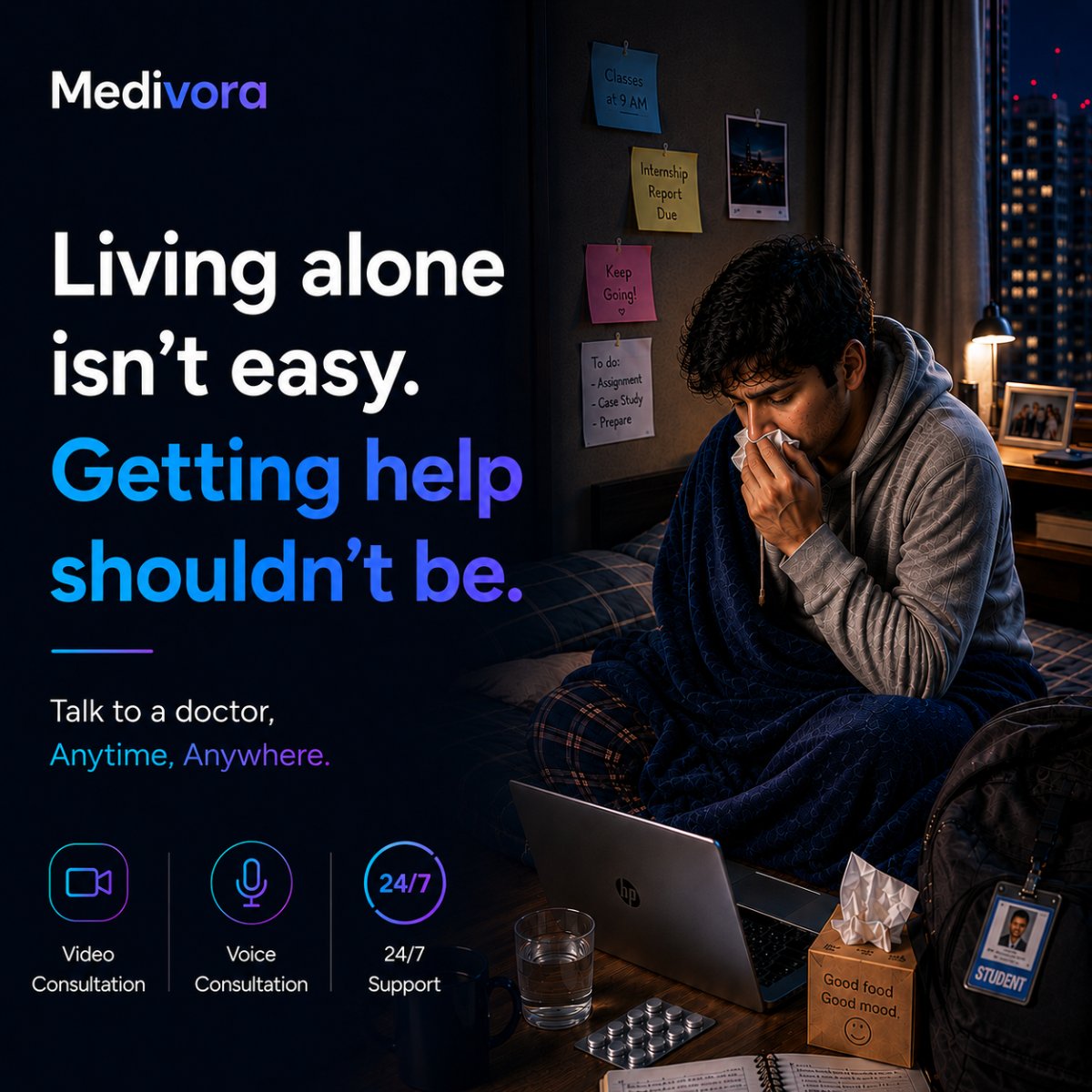cognimatesai's tweet photo. Living alone isn't easy. Getting help shouldn't be.
πΉ Video Consultation
ποΈ Voice Consultation
π 24/7 Support
Healthcare, whenever you need it.
Learn more: https://t.co/kwy57A8mes
#Medivora #HealthTech #Telemedicine #CogniMates #AllCognix https://t.co/FeVfLMc674