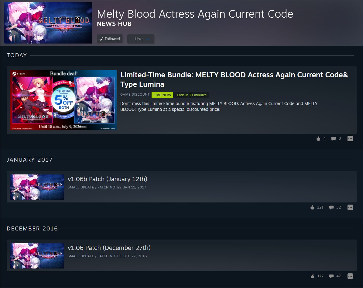KaroshiMyriad's tweet photo. The "Melty Blood Actress Again Current Code" Steam page has made its first announcement since January 2017, advertising its current bundle with "Melty Blood: Type Lumina."
https://t.co/dMRk3t4kah #MBAAC #MBTL https://t.co/4RWeumhNqe