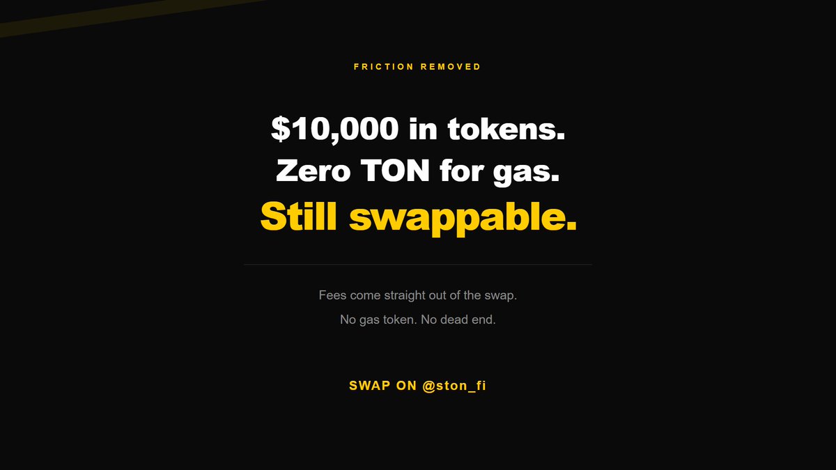 woxiccq's tweet photo. Most DEXs: no native token, no swap. Even with $10K in other tokens sitting right there.
https://t.co/VVLkCzBZhr: fees come out of the token you're already swapping.
No TON needed. No extra step. No dead end.
Removing friction is how you onboard a billion people. @ston_fi https://t.co/wFT45Gz4Nf