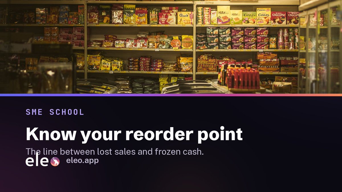 EleoApp's tweet photo. Run out of your bestseller and you lose sales you never even see on a report.

Reorder point = the stock level where you reorder before you run dry.

Most shops guess it. Eleo calculates it from your sales speed + lead time.

Tracking yours in your head? #RetailOps #Eleo https://t.co/EJ1mrwVAT5