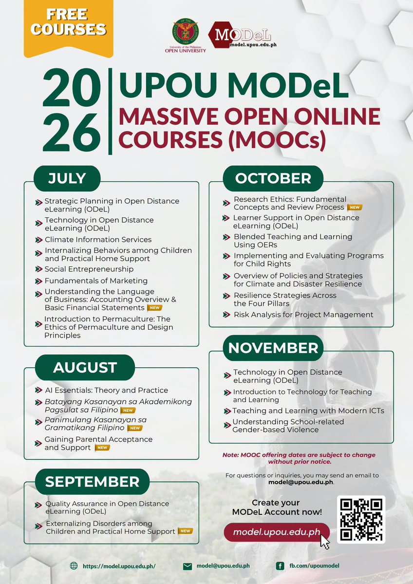 upsystem's tweet photo. #ICYMI: The @UPOUOfficial has once again announced the offerings for its Massive Open Online Courses or MOOCs). Take a look at their calendar for details on the courses.

Read more here: https://t.co/rvllJKepj6 https://t.co/p3NUGFwI8H