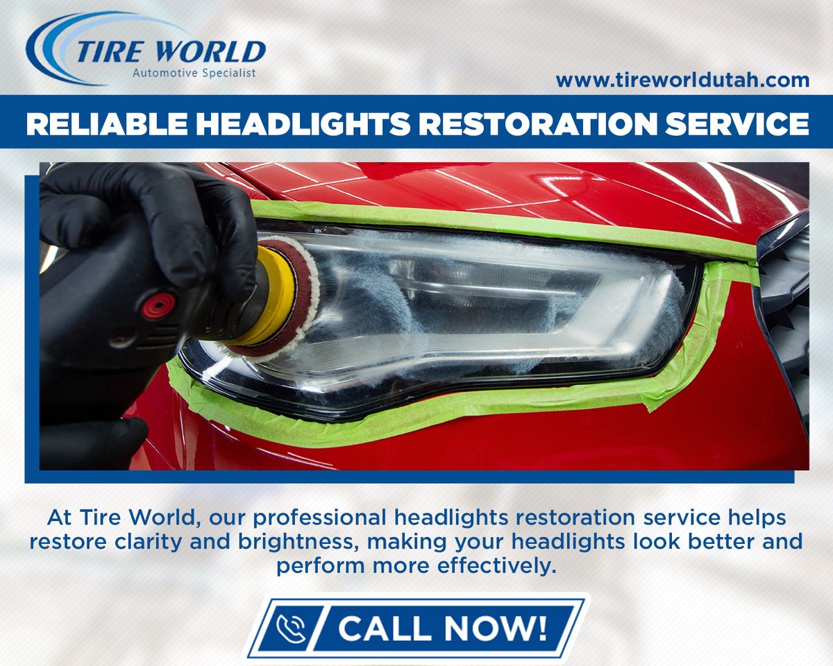TireWorldSLC's tweet photo. 💡 Cloudy headlights making night driving harder? Our professional headlights restoration service helps restore clarity, improve visibility, and refresh your vehicle's appearance. Ask Tire World about our headlights restoration service today! 🚗✨

🌐 https://t.co/wNNZdezQrw https://t.co/3Q1gwTXbaW