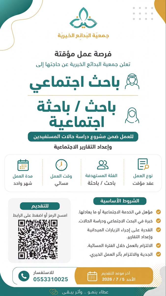 badayakhair's tweet photo. فرصة عمل مؤقتة

تعلن جمعية البدائع الخيرية عن رغبتها في استقطاب:

🔹 باحث اجتماعي
🔹 باحثة اجتماعية

للعمل بعقد مؤقت لمدة شهر واحد ضمن مشروع دراسة حالات المستفيدين وإعداد التقارير الاجتماعية.

 آخر موعد للتقديم: الأحد 20/ 1/ 1448هـ 
الموافق 
05 / 07 / 2026م 

التقديم عبر الرابط:
https://t.co/Ic7z43F76W

للاستفسار: 📞 0553310025

#جمعية_البدائع_الخيرية #وظائف #القصيم #البدائع