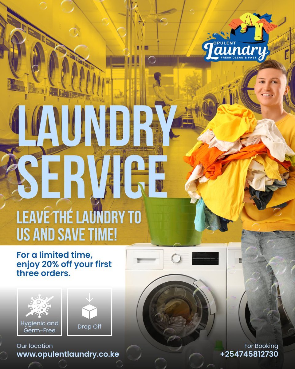 Opulentlaundry's tweet photo. Leave the Laundry to Us. Save More Time. 💙

Big laundry pile? We've got it covered.

🎉 20% OFF your first THREE orders!

✅ Hygienic & Germ-Free
🚚 Pickup & Delivery
📍 Drop-Off Available
📍 Mlolongo
📞 +254 745 812 730
🌐 https://t.co/18BNT62nCS
👉 Follow @OpulentLaundry for exclusive offers, laundry tips & fresh vibes!

#OpulentLaundry #LaundryService #20PercentOff #Mlolongo
