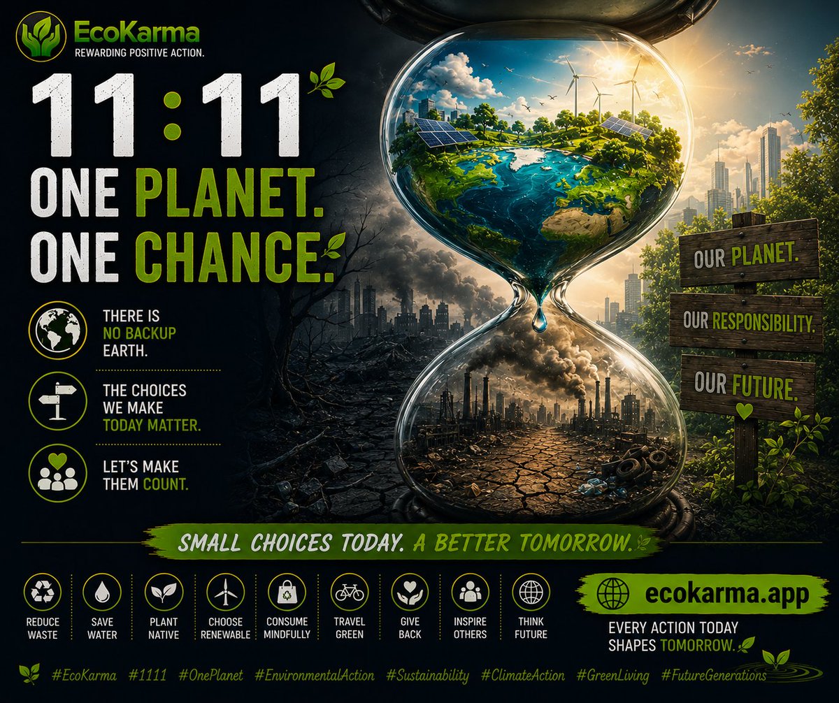 EcoKarma_EKA's tweet photo. 🌎 11:11 — One Planet. One Chance.
There is no backup Earth.
The choices we make today matter.
Let's make them count.
🌐 https://t.co/q9M56oPnpR
#EcoKarma #1111 #OnePlanet #EnvironmentalAction #Sustainability #ClimateAction #GreenLiving #FutureGenerations https://t.co/iH19zDBW1L