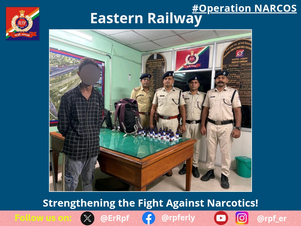 ErRpf's tweet photo. On 29.06.2026, RPF officials of Sealdah arrested 01 person with recovery of 150 bottles contraband Cough Syrup, valued Rs.33,600/- from Sealdah Railway Station and handed over to GRPS/Sealdah for further legal action.
#OperationNarcos
@RPF_INDIA 
@RailMinIndia https://t.co/tXZTpWyZQm