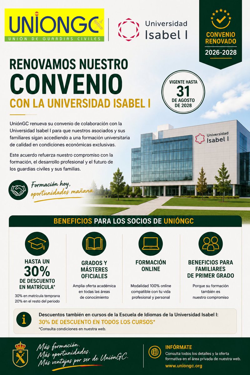 UnionGC's tweet photo. 👨‍🎓Renovamos nuestro convenio con la Universidad Isabel I
UniónGC ha renovado su convenio de colaboración con la Universidad Isabel I, permitiendo que nuestros asociados y sus familiares de primer grado sigan disfrutando de importantes descuentos en estudios universitarios oficiales, másteres y programas de formación.
¿Qué ventajas ofrece?
✅ Hasta un 30 % de descuento en matrícula.
✅ Descuentos en grados y másteres oficiales.
✅ 30 % de descuento en la Escuela de Idiomas.
✅ Beneficios también para familiares de primer grado.

La renovación del convenio, vigente hasta agosto de 2028, refuerza el compromiso de UniónGC con la formación continua y el desarrollo profesional de nuestros asociados.

Invertir en formación es invertir en tu futuro profesional.
+ info en: https://t.co/slysUSdGF4