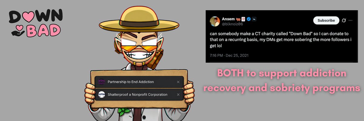 whitensem's tweet photo. GUYS I FOUND THE BEST NARRATIVE FOR ANSEM META AND NEVER BONDED

So @blknoiz06 asked to create a CT charity called "Down Bad"

He said, "So my DMs get more sober," so we're donating fees to addiction recovery
https://t.co/PijJvUSJnD

ENOUGH FEES TO HIM, LETS DO SOMETHING GOOD FOR HUMANITY

IF WE DONATE ENOUGH FEES HE WILL INTERACT