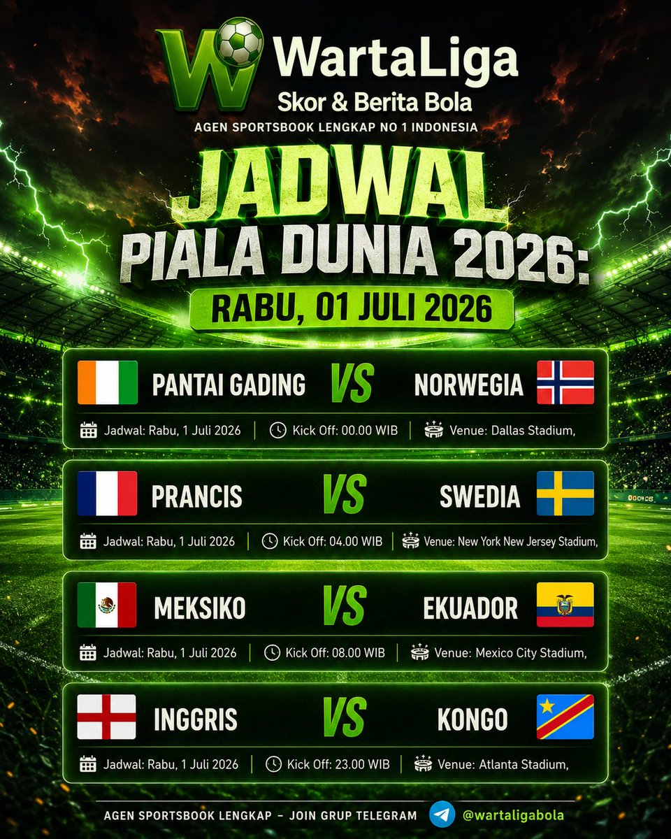 WartaLiga_'s tweet photo. Jadwal Piala Dunia 2026, 
Rabu - 01 Juli 2026 
Pantai Gading vs Norwegia → 00.00WIB
Prancis vs Swedia → 04.00WIB 
Meksiko vs Ekuador → 08.00WIB 
Inggris vs RD Kongo → 23.00WIB 
Siapa kah yang akan masuk ke babak 16 besar berikutnya? #Wartaliga #JadwalBola https://t.co/wLpJ52aXpe