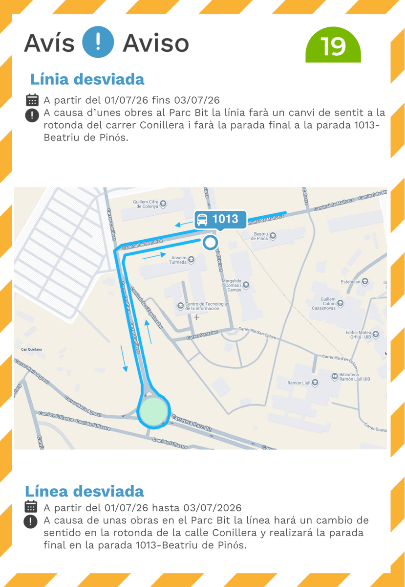 parcbit's tweet photo. 🚍Avís important per als usuaris de la línia 19 d'@EMT_Palma
⚠️Del 1 al 3 de juliol, la línia 19 modificarà temporalment el seu recorregut.
Més informació: https://t.co/FaSlrbeCn6 https://t.co/om4oHmwwP2
