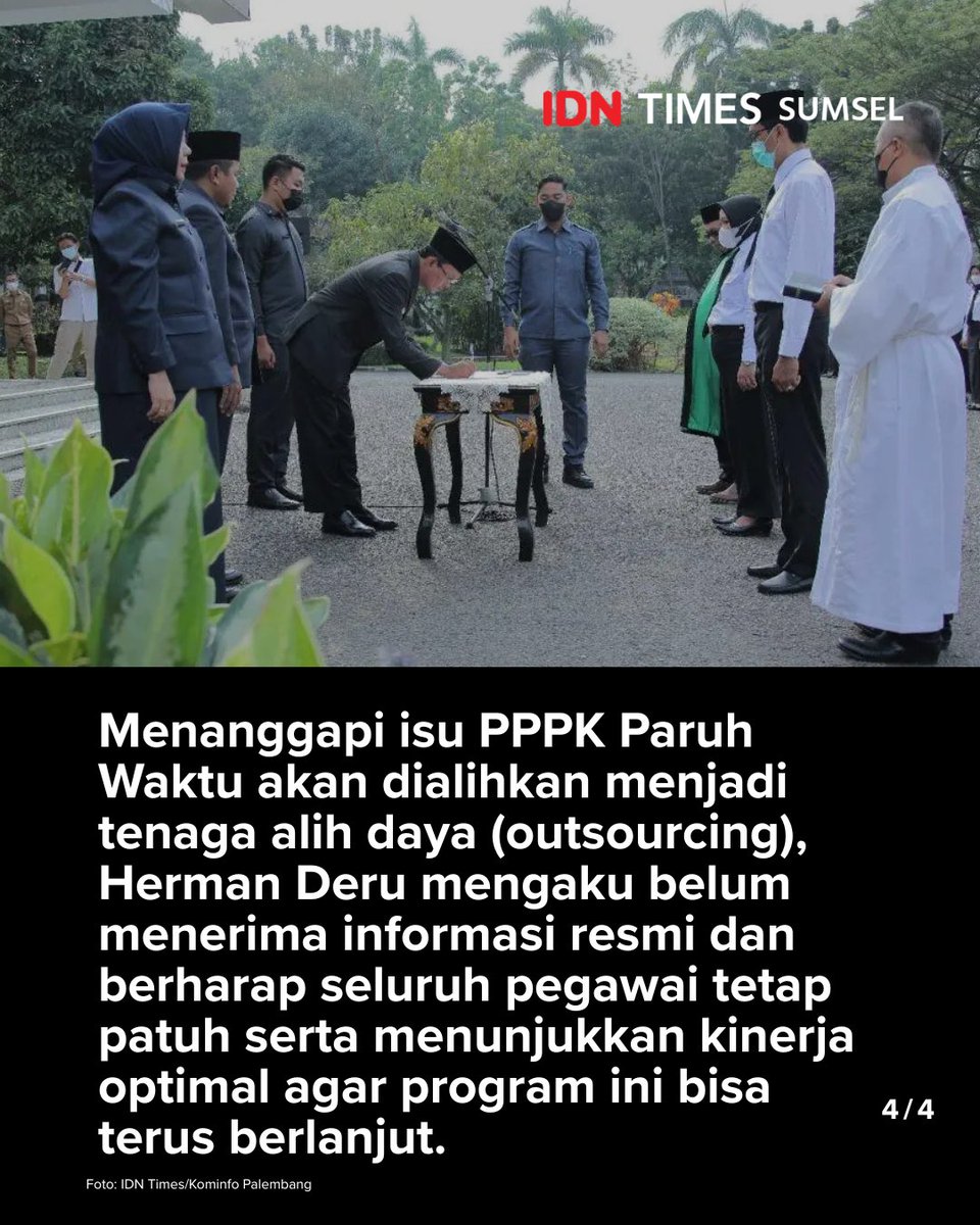 IDNTimesSumsel's tweet photo. Gubernur Sumatra Selatan Herman Deru memastikan kebijakan PPPK Paruh Waktu di lingkungan Pemprov Sumsel tetap berlanjut, namun perpanjangan kontrak setiap pegawai akan ditentukan berdasarkan hasil evaluasi disiplin dan kinerja.

#IDNTimesSumsel 

https://t.co/v33phopYTd https://t.co/EkkglDqOQ1