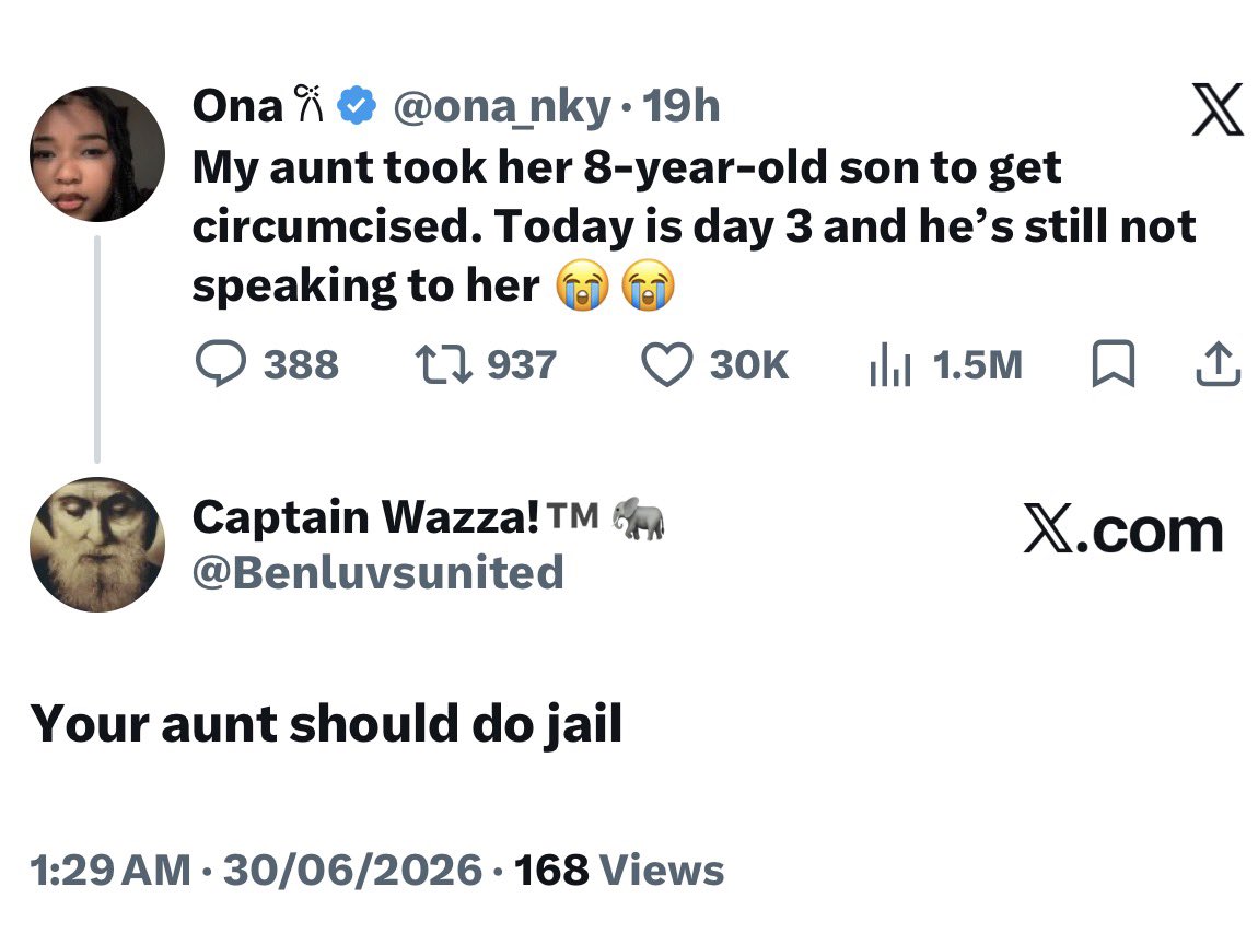 Postsubman's tweet photo. - Twitter user calls for Jail term for a lady who took her 8years old son for circumcision. https://t.co/R0VY2YjFal