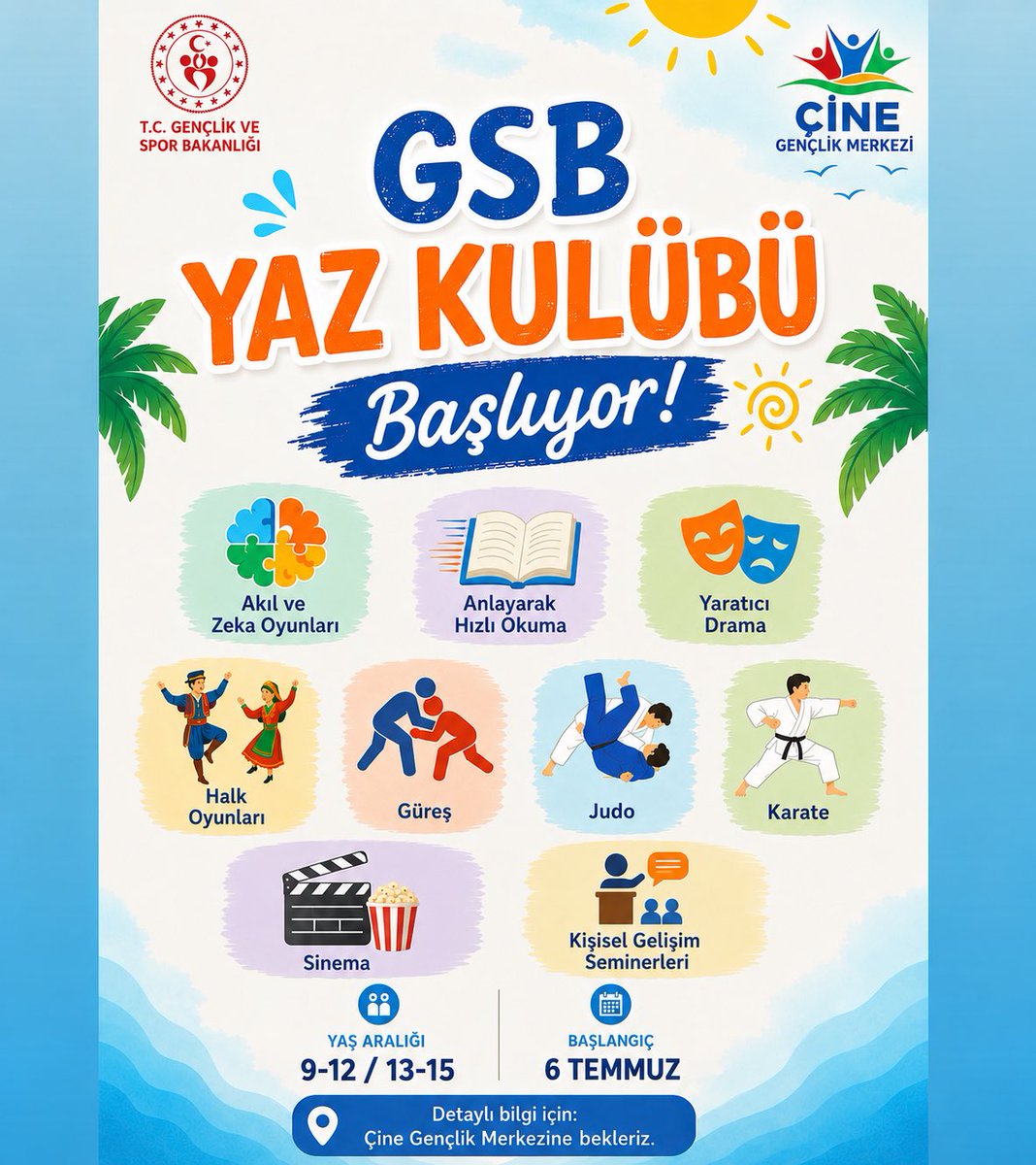 GSB_CineGM's tweet photo. GSB Yaz Kulübü Başlıyor! 📣

Çine Gençlik Merkezi’nde çocuklarımız için eğlence ve öğrenme dolu bir yaz dönemi başlıyor.

9-15 yaş aralığındaysan bu yaz serbest zamanını güzel çalışmalarla değerlendirmek için gençlik merkezimize bekleriz. https://t.co/bj7k1LbjJL