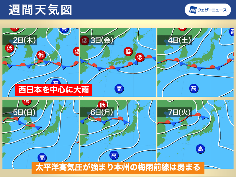 wni_jp's tweet photo. ＜西日本中心に大雨のおそれ＞
明日からいよいよ7月です。
7月スタートは梅雨前線が本州付近に北上し、西日本を中心に大雨のおそれがあります。

来週になると太平洋高気圧の勢力が強まり、本州の前線は活動を弱める見込みです。暑さとゲリラ雷雨に注意が必要となります。
https://t.co/iqWmfZ7WKy https://t.co/qJJCMavuhb