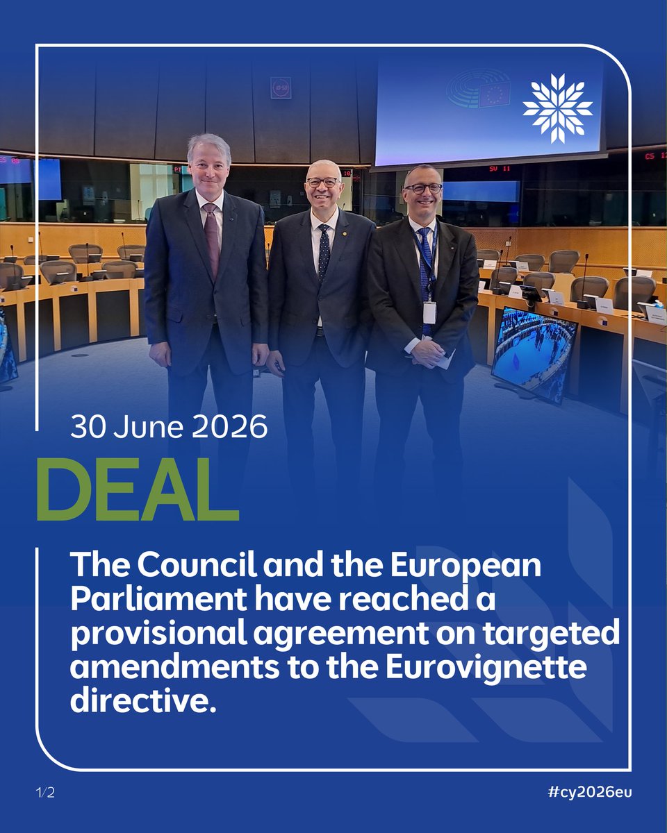 CyprusinEU's tweet photo. 🚛 The Council and the European Parliament reached a provisional agreement on targeted amendments to the Eurovignette directive.

The agreement clarifies CO₂-based road charging rules for heavy-duty vehicles, strengthens legal certainty and supports a smoother, more harmonised implementation across the EU.