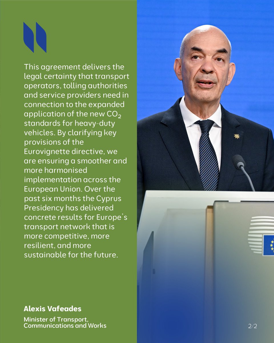 CyprusinEU's tweet photo. 🚛 The Council and the European Parliament reached a provisional agreement on targeted amendments to the Eurovignette directive.

The agreement clarifies CO₂-based road charging rules for heavy-duty vehicles, strengthens legal certainty and supports a smoother, more harmonised implementation across the EU.