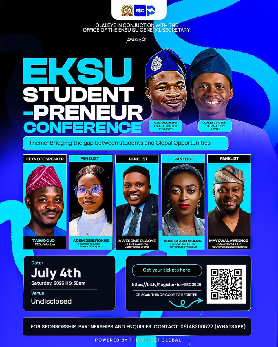 Thepagedon_OVM's tweet photo. EKSU STUDENTPRENEUR CONFERENCE 2026 is here🔥🚀

Go beyond dreams, Build capacity and Create impact. The future belongs to those who prepare today.

Register now: https://t.co/DG8g7YIbRy

You can join the community here: https://t.co/pH9cffuFDz

See you there 📌

#ekiti #eksu https://t.co/xbCYb1YOfN