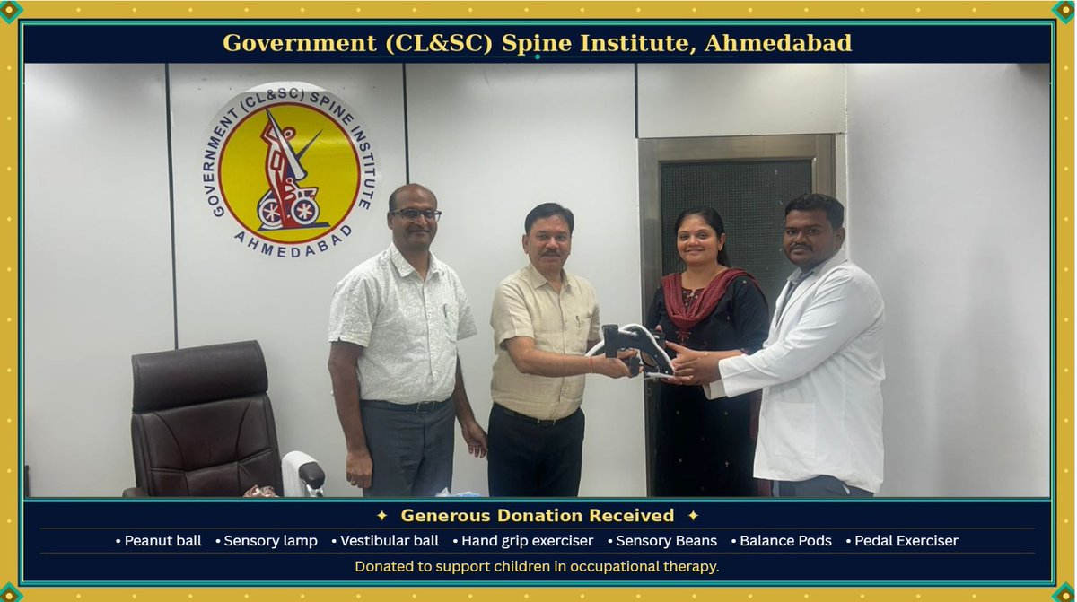 GovernmentSpine's tweet photo. Government Spine Institute expresses sincere appreciation to the donor for the generous donation of a peanut ball, sensory lamp, vestibular ball, hand grip exerciser, sensory beans, balance pods, and pedal exerciser.

@prafulpbjp
#GSIDRPIYUSHMITTALANDTEAM
@gsihospital
#OTCare https://t.co/9BOSvpbrAB