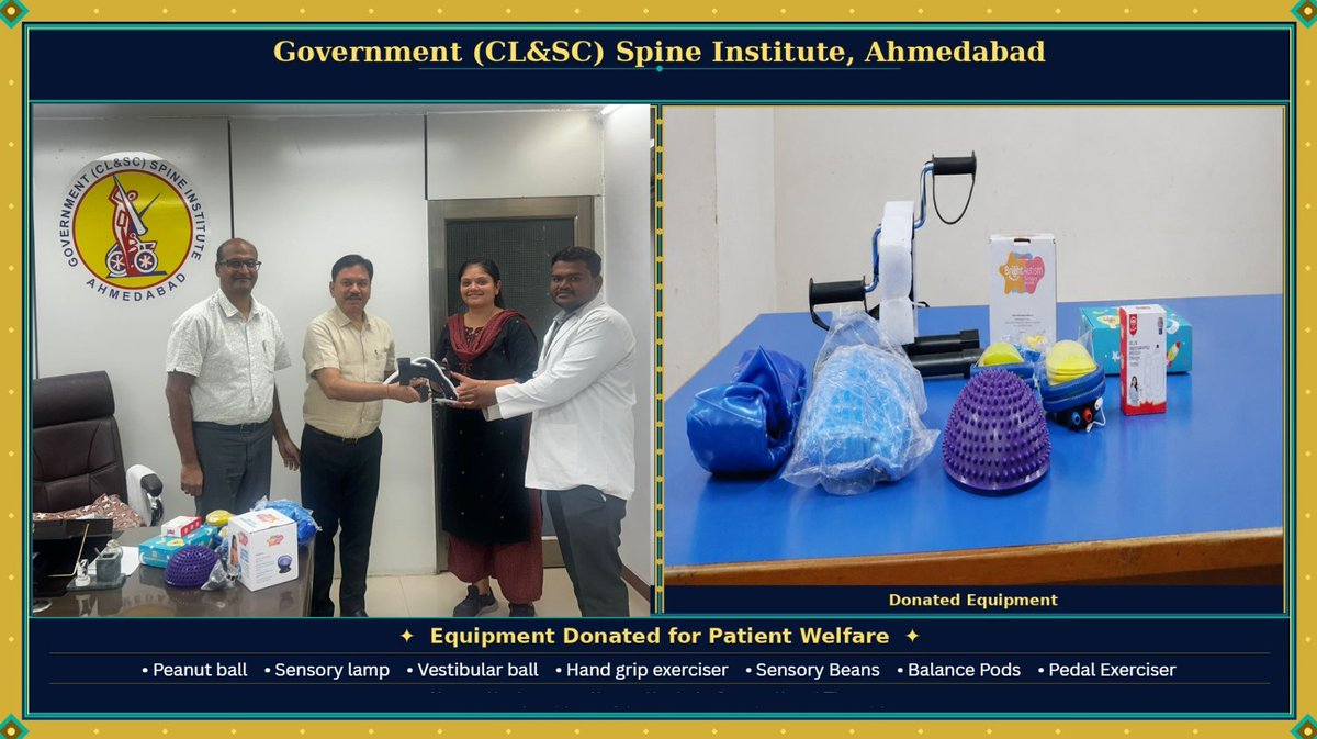 GovernmentSpine's tweet photo. Government Spine Institute expresses sincere appreciation to the donor for the generous donation of a peanut ball, sensory lamp, vestibular ball, hand grip exerciser, sensory beans, balance pods, and pedal exerciser.

@prafulpbjp
#GSIDRPIYUSHMITTALANDTEAM
@gsihospital
#OTCare https://t.co/9BOSvpbrAB