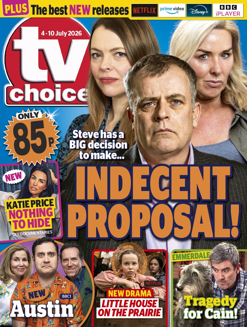 TVChoice's tweet photo. Our latest issue is out now! Coronation Street is on the cover, and Steve has a big decision to make after an indecent proposal. Also in the mag: Austin, Katie Price: Nothing To Hide, Little House On The Prairie and tragedy for Cain on Emmerdale. Enjoy! https://t.co/aEpSS2LmHC