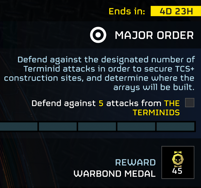 helldivers2's tweet photo. Major Order 
Super Earth is constructing a new wall of TCS+ arrays. High Command assures citizens that the new and improved "Termicide 2.0" dispersed by TCS+ Towers is 110% safe, righteously liquefying Terminids, while promoting pine-scented health benefits to colonists within the efficacy radius.

In an imprudent bid to escape their fate, the Terminids have launched a massive wave of attacks to halt construction.

Helldivers must defend against 5 Terminid attacks to secure the sites. Wherever Helldivers successfully hold the line is where the unshakeable borders of Liberty will be drawn.