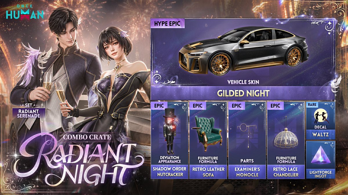 OnceHuman_'s tweet photo. New Combo Crate: Radiant Night Available on July 1 (PT)

🥂 Best served under the midnight neon.
🔎 Check out the new fashion set, the latest Vehicle Skin, and more items in the newest crate.

✨Top up through the Official Top-up Center to get up to an additional 24% Crystgin:
https://t.co/lkdz28Kxwr
📱 💻Download Mobile & PC Version Now:
https://t.co/LzWfOklLx8

#OnceHuman #oncehumanmobile #ConsoleTestLiveNow