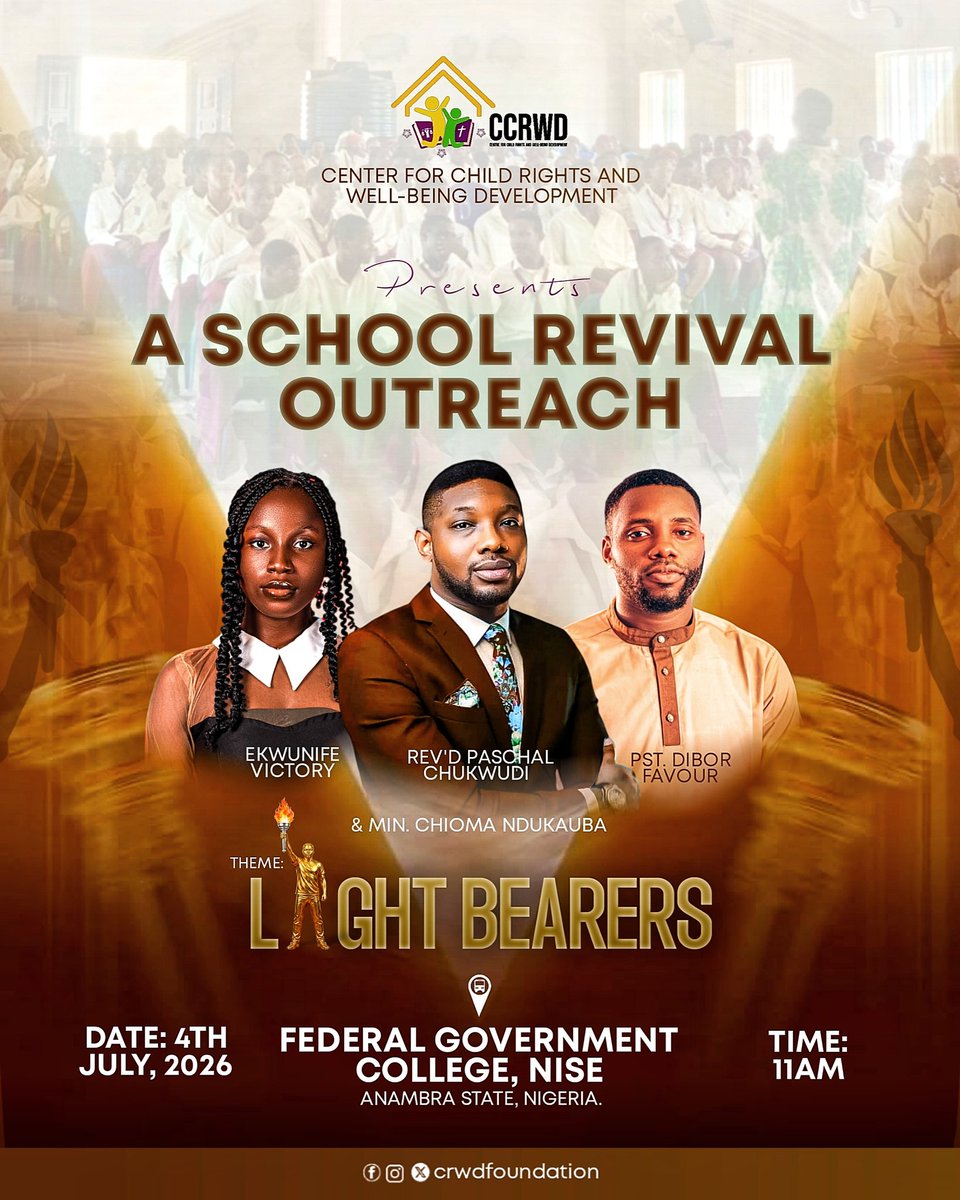crwdfoundation_'s tweet photo. Light is coming to FGC Nise ๐ฅ
CRWD presents A School Revival Outreach
Theme: LIGHT BEARERS
This Saturday July 4th, 2026 | 11AM at FGC, Nise.
With Revโd Paschal Chukwudi, Pst. Dibor Favour & Min. Chioma Ndukauba .
Join this move!๐ฅ
#LightBearers #CRWD #outreach https://t.co/lMEDOBUzau