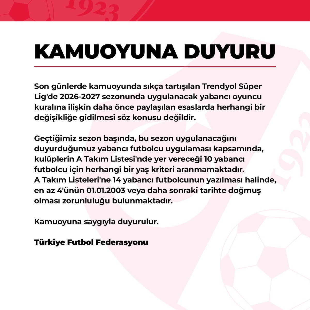 AjansHaber_1903's tweet photo. TFF, 10+4 kuralının devam edeceğini ve herhangi bir değişiklik olmayacağını açıkladı!👇 https://t.co/jmi6yQyNaL