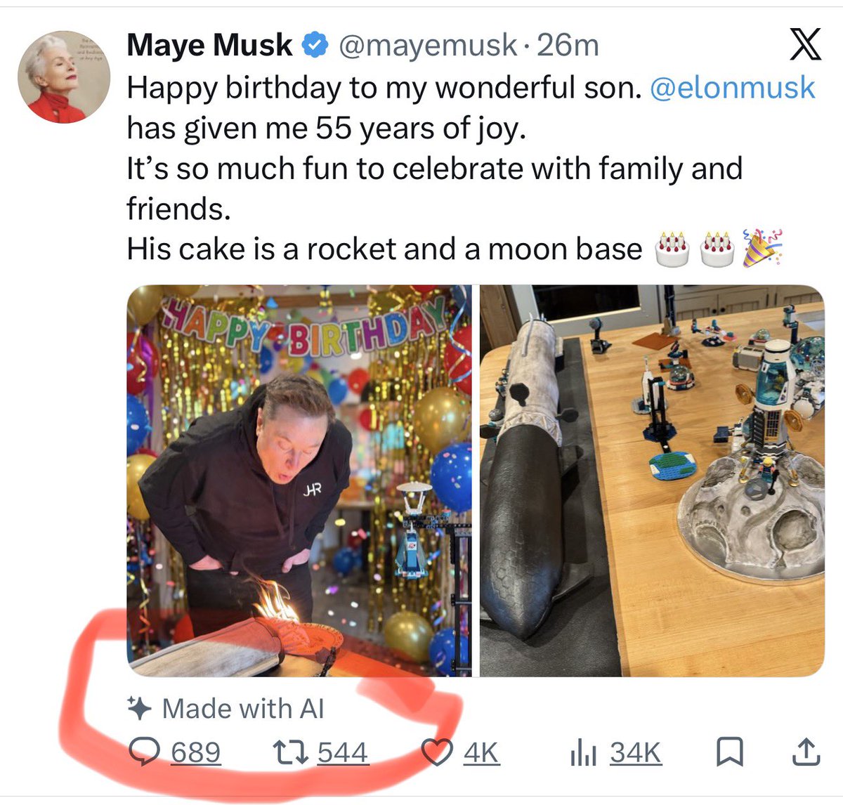 P_Kallioniemi's tweet photo. “So, Elon, what did you do for your birthday?”

“Oh, not much. Just posted AI-generated birthday photos of myself from my mom’s account.” https://t.co/AJpdz6LVsi