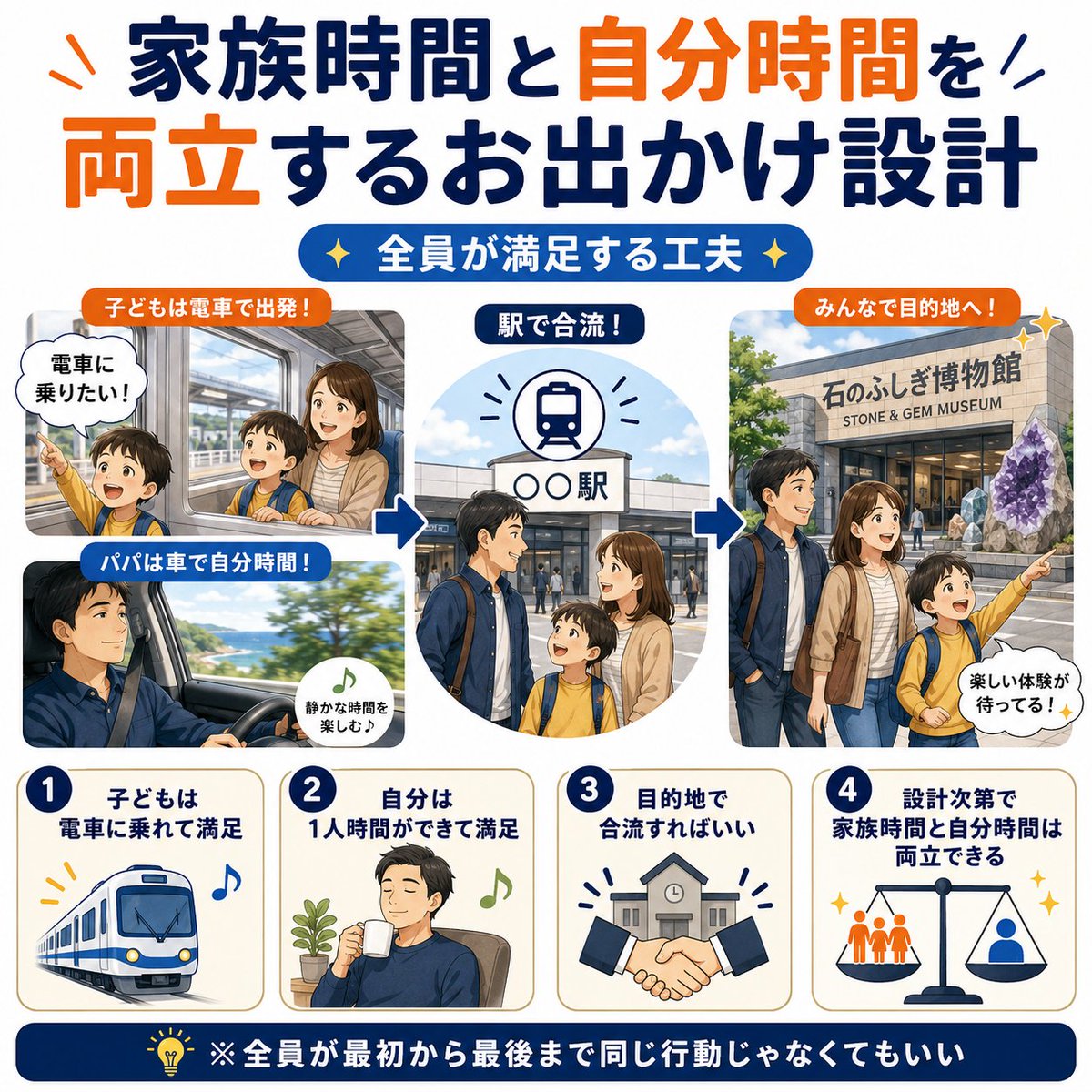 iw20232's tweet photo. 【家族時間と自分時間を両立するお出かけ設計】

子どもが
「中津川行きの電車にどうしても乗りたい」
と言うので、家族で石博物館に行く時に少し工夫した。

妻と子どもは電車で中津川駅へ。
自分は車で中津川駅まで行く。

駅で2人を拾って、そのまま石博物館へ向かう。

結果、

子どもは電車に乗れて満足。
自分は1人で運転する時間ができて満足。
家族としても目的地に行けて満足。

家族全員が、最初から最後まで同じ行動をしなくてもいい。

目的地で合流すれば、
子どもの希望も、自分の一人時間も、両方満たせることがある。

家族時間と自分時間は、我慢で奪い合うものじゃなくて、設計次第で両立できるのかもしれない。