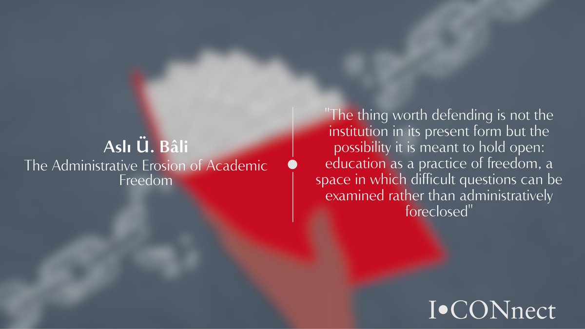 ICONnectblog's tweet photo. ⚖️ New on ICONnect: "The Administrative Erosion of Academic Freedom"

Aslı Ü. Bâli suggests that the main threat to academic independence today comes from the seemingly neutral university administration

https://t.co/gvxSiFaNgg

#PublicLaw #AcademicFreedom #ICONS https://t.co/VCVwSuTRJb