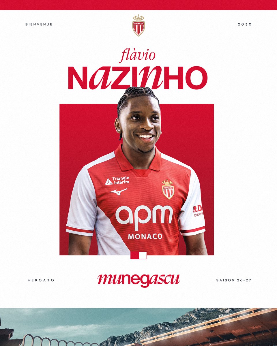 AS_Monaco's tweet photo. 𝐅𝐥𝐚̀𝐯𝐢𝐨 𝐍𝐚𝐳𝐢𝐧𝐡𝐨 est Rouge &amp; Blanc ! 🇲🇨

Le latéral gauche portugais de 22 ans rejoint l’AS Monaco en provenance du Cercle Bruges et s’engage jusqu’en juin 2030.

Bienvenue Flàvio !