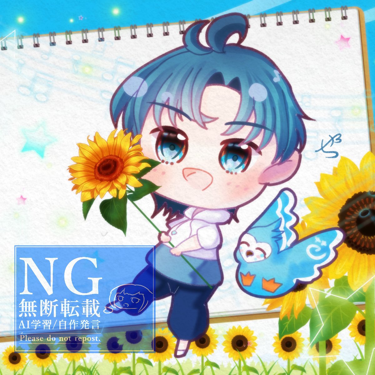 幸せの青い鳥ぴぴちゃんは元気いっぱいにひまわり畑で駆け回る