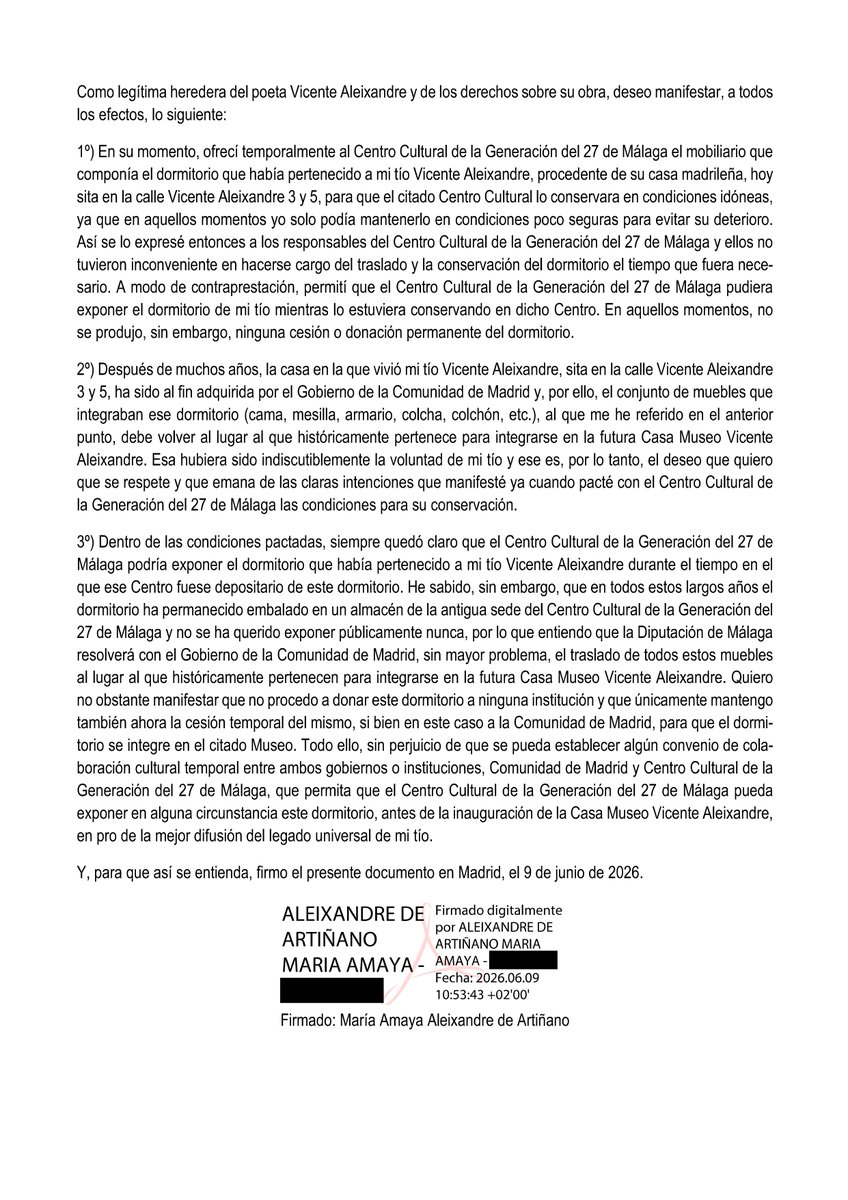 AleixandreMerlo's tweet photo. Compartimos con todos vosotros el COMUNICADO DE PRENSA que hemos escrito relacionado con los muebles del dormitorio de Vicente Aleixandre que reclama la heredera de nuestro poeta para Velintonia, así como el comunicado previo suyo en el que explica todo. https://t.co/QbgVUtQSkB