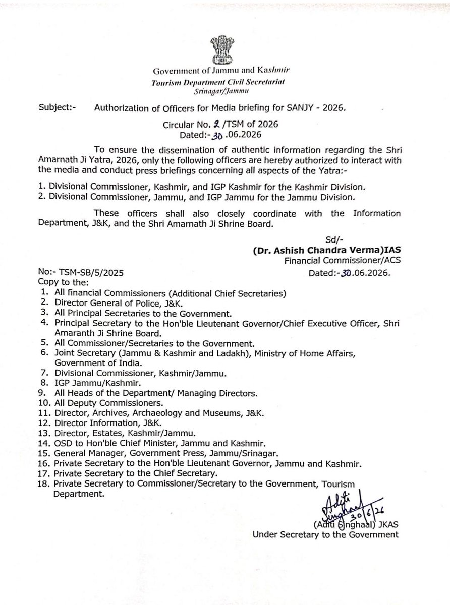 FaheemTak's tweet photo. The Government has authorized designated officers for official media briefings during the Shri Amarnath Ji Yatra (SANJY) 2026, ensuring that only authorized officials disseminate verified information related to the pilgrimage, security arrangements, and public advisories. https://t.co/qYPKoBjepI